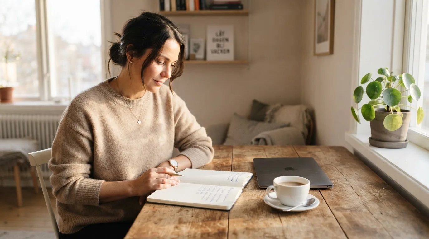 En person sitter vid ett skrivbord hemma med en kopp kaffe och en bärbar dator stängd bredvid sig i morgonljus.