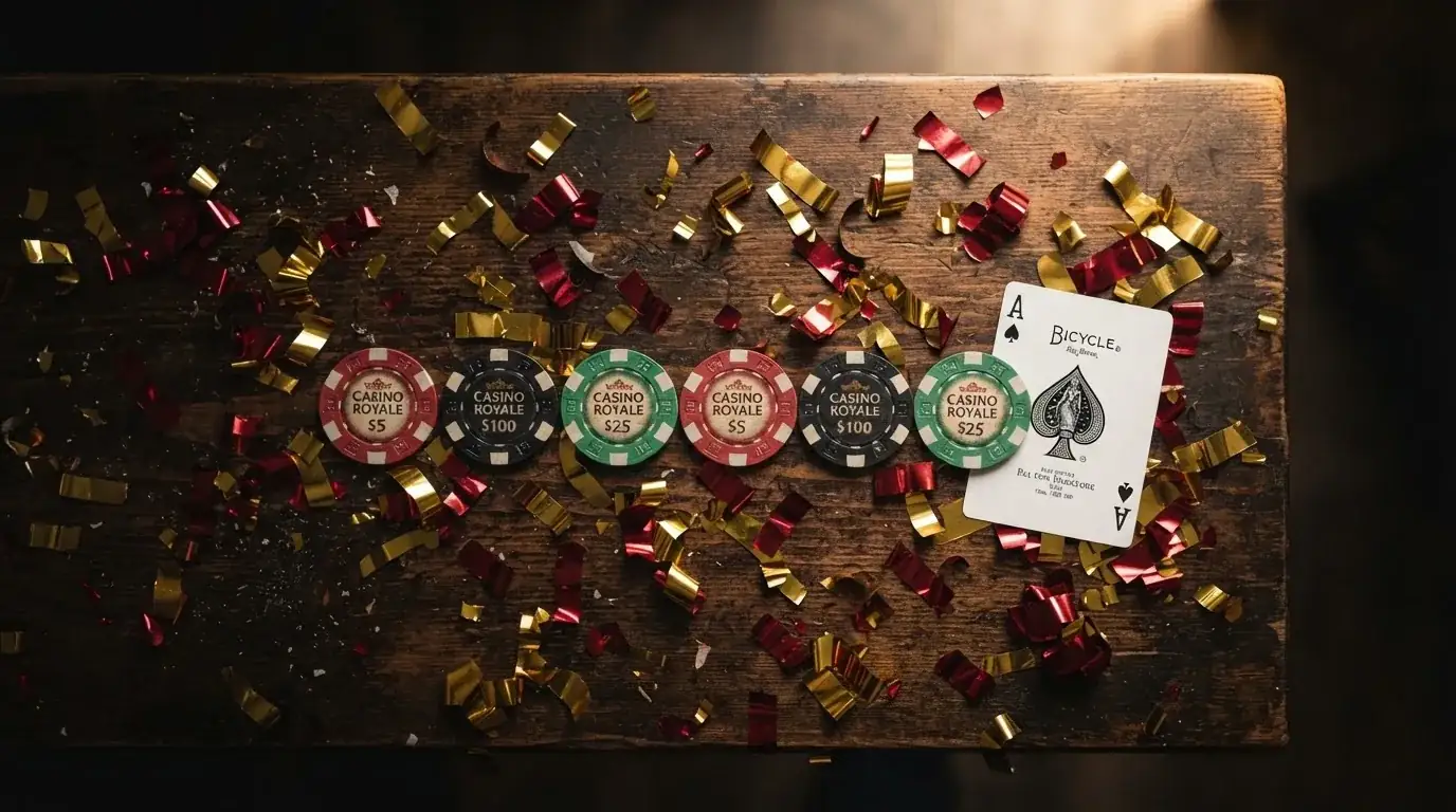 Konfetti i guld och rött ligger utspritt över ett bord bredvid några uppradade spelmarker i mjukt ljus.